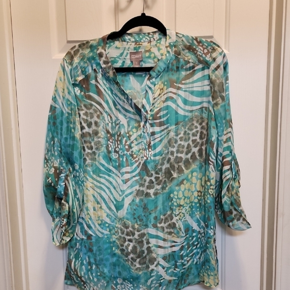 Chico's Aqua and Brown Abstract Blouse Sz 1(Medium)